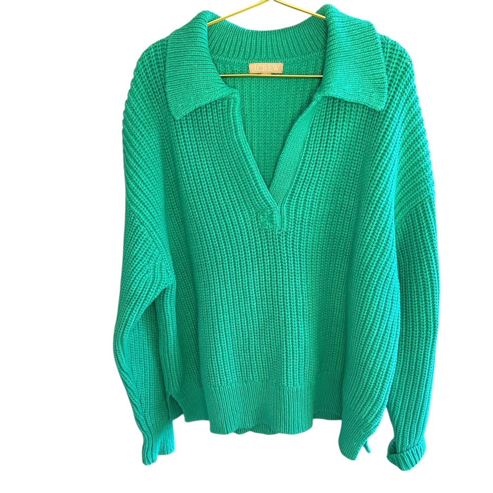 J.Crew Ribbed‎ Cotton Johnny-Collar Sweater Pullover Green Cotton Women L XL - Picture 5 of 10